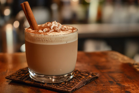 Cappuccino with cinnamon stick on a wooden table in a cafe