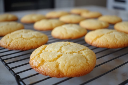 Homemade shortbread cookies on a cooling rack. Selective focus.