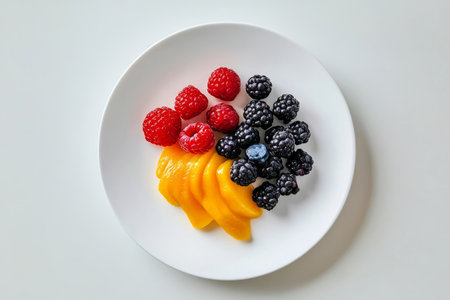 Fruit salad on a white plate on a white background, top view