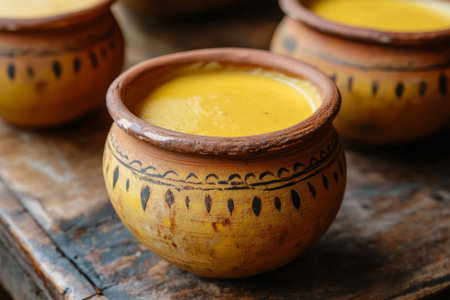 Traditional turmeric latte in clay pots, closeup of photo