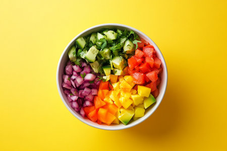 Mixed vegetable salad in bowl on yellow background, top view.