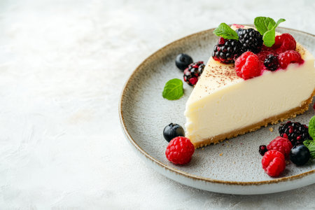 Cheesecake with fresh raspberries and blackberries on a white plateの写真素材