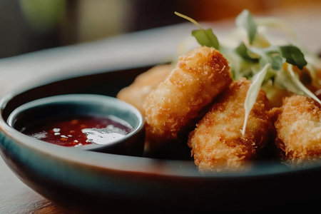 Deep fried shrimp with sweet and sour sauce in black bowl on wooden tableの写真素材