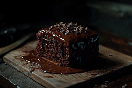 Homemade chocolate cake with dark chocolate glaze on a wooden board
