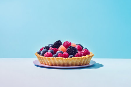 Tasty tartlet with fresh berries on pastel blue background.