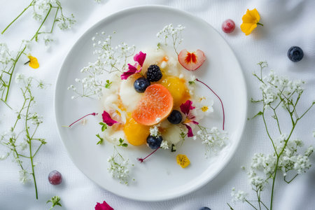 Fruit salad with yogurt, berries and flowers on the white background