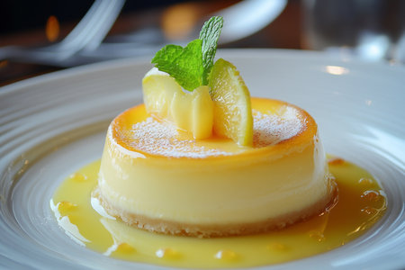 Creamy vanilla custard pudding with mango and mint on white plate