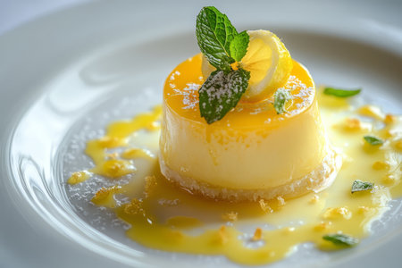 Panna cotta with lemon and mint on a white plate.