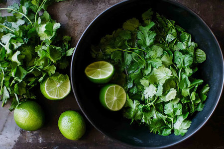 Cilantro, lime and parsley in a bowl on a dark background