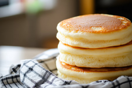 Stack of pancakes on a table in a cafe. Selective focus.