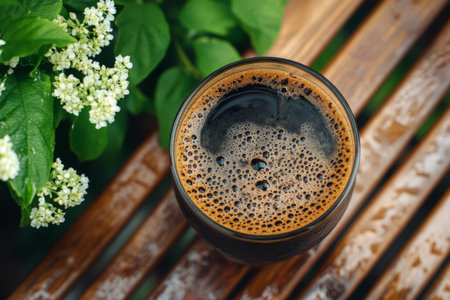Black coffee in a glass cup on a wooden table, top view