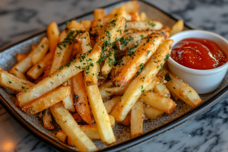 French fries with ketchup and mayonnaise on a plate.