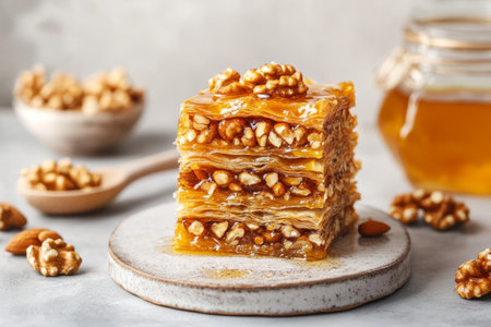 Traditional turkish dessert baklava with cashew, walnuts.の写真素材