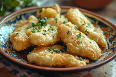 Fried chicken nuggets with parsley on plate, closeup