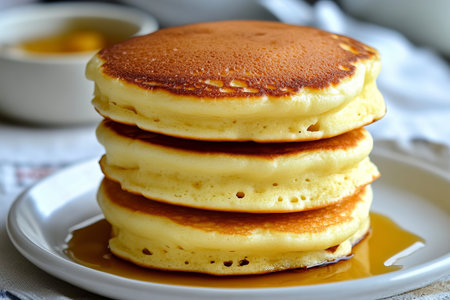 Pancakes with honey on a white plate. Close-up.