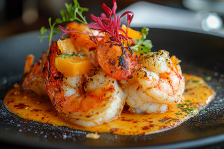 grilled prawns with tomato sauce on black plate in restaurantの写真素材