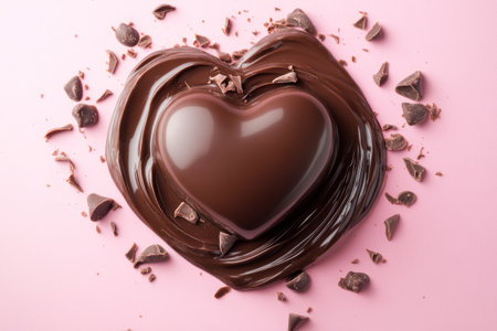 Chocolate heart and pieces of chocolate on pink background, top view