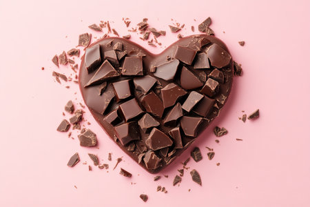Chocolate heart on pink background. Valentine's day concept. Top view.