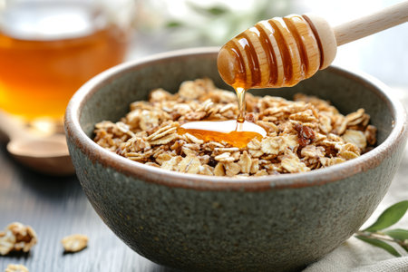 Bowl with tasty granola and honey on table, closeup