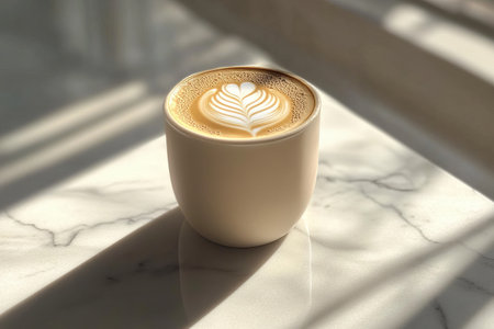 Cup of coffee with latte art on white marble table in sunlight