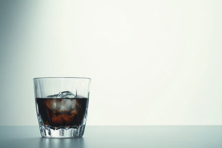 Glass of whiskey with ice cubes on white background, soft focus.