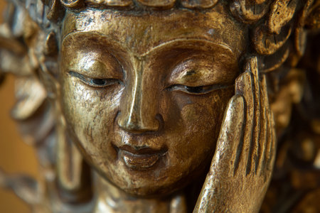 Close up of the face of a golden buddha statue.