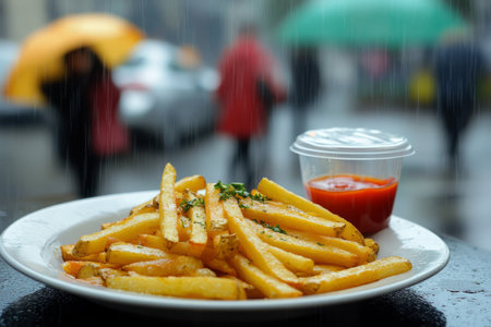 french fries with tomato sauce on the table in the rain.