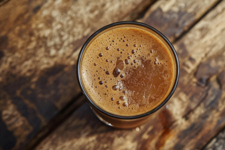 Coffee in a glass on a wooden background. Top view.