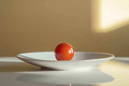 Tomato on a white plate on a light background with a shadow