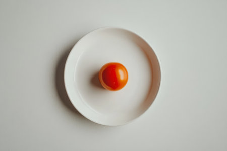 One orange egg on a white plate isolated on a white background.