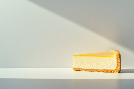 Slice of cheesecake on white background with hard shadows and sunlight.