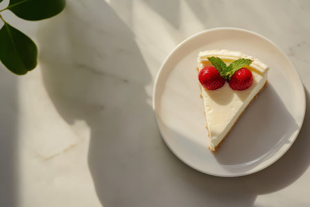 Strawberry cheesecake on a white plate on a white marble background