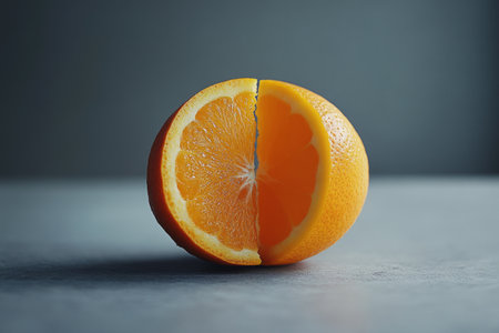 Sliced orange on grey background. Close up. Copy space.