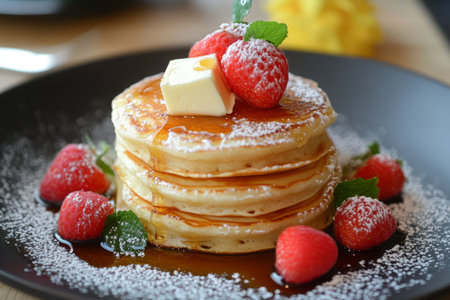 Pancakes with raspberries and honey on a black plate