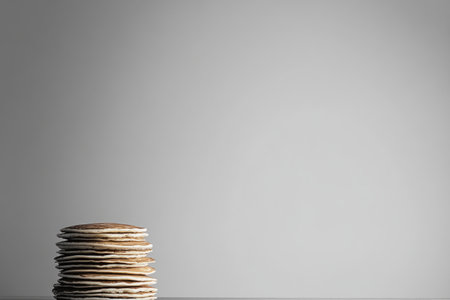 Stack of pancakes on grey background, closeup. Space for text