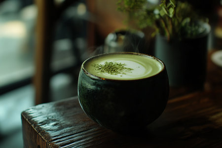 A cup of matcha latte on wooden table in coffee shop