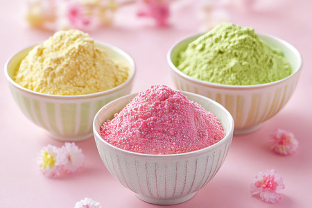 Colorful matcha powder in bowls on pink background, closeupの写真素材
