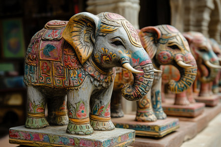 Statues of elephants in a temple in Kathmandu, Nepalの写真素材