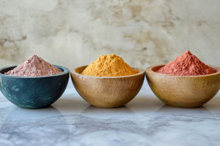 Colorful holi powder in wooden bowls over white marble background.の写真素材