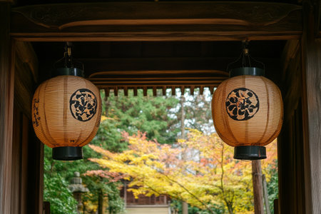 Japanese lanterns in a Japanese temple in Kyoto, Japan. Taken in November 2018.の写真素材