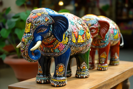 Colorful ceramic elephant for sale in a souvenir shop in Indiaの写真素材