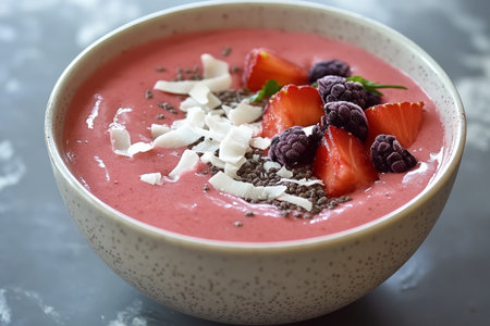 Smoothie bowl topped with fresh berries and coconut flakes, selective focusの写真素材