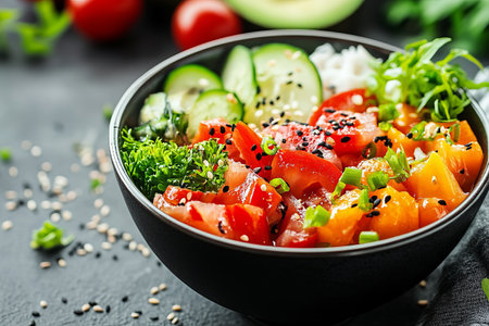 Vegetable salad with tomato, cucumber, onion and sesame seeds in a black bowl