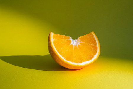 Slice of fresh orange on a green background with hard shadow.の写真素材