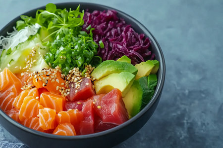 Hawaiian salmon poke bowl with avocado, red cabbage and sesame seeds on stone backgroundの写真素材