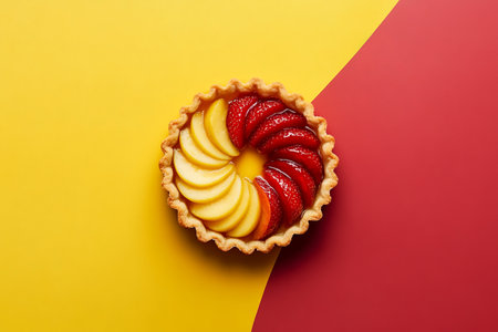 Strawberry tart on a red and yellow background. Top viewの写真素材