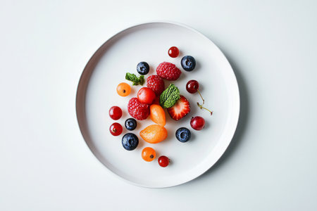 Plate with fresh berries on white background, top view. Healthy foodの写真素材