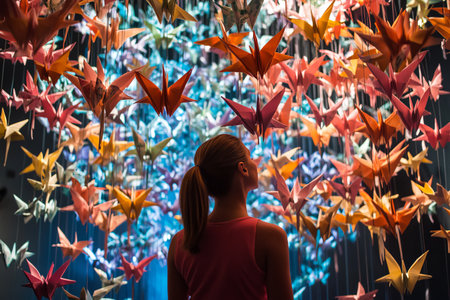 Young woman looking at colorful origami stars hanging on ceiling in shopping mallの写真素材