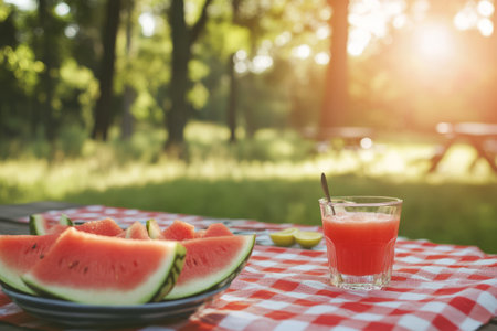 Watermelon juice in a glass and slices of watermelon on a wooden table in the park.の写真素材