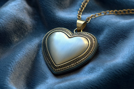 Heart-shaped pendant on a blue satin background, closeupの写真素材